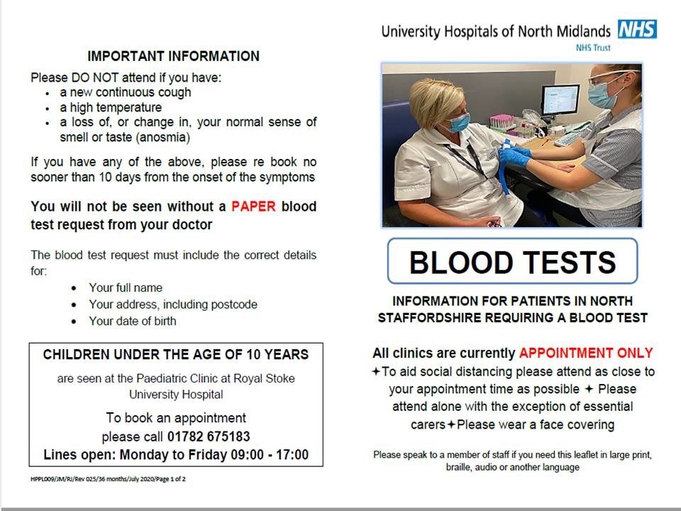 Blood tests - all clinics are currently by appointment only.
