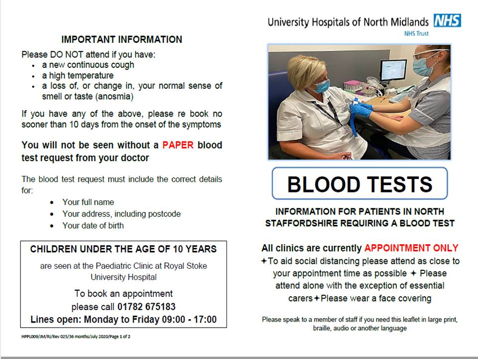 Blood tests - all clinics are currently by appointment only. Blood tests - all clinics are currently by appointment only.